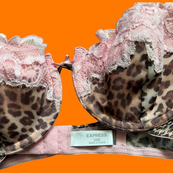 00's vintage leopard print mesh baby pink lace coquette y2k bra 34B express - Picture 4 of 7